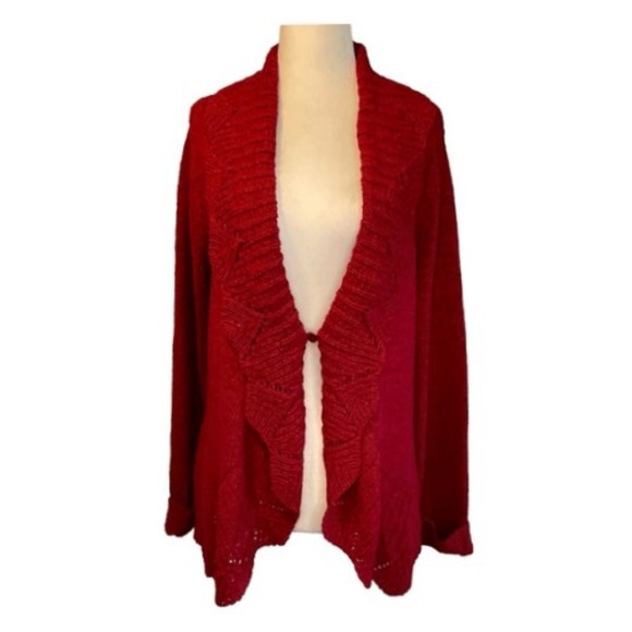 Tweeds Sweaters - Tweeds Waterfall Cardigan Sweater Red Open Knit Long‎ Sleeve Yoke Collar XL